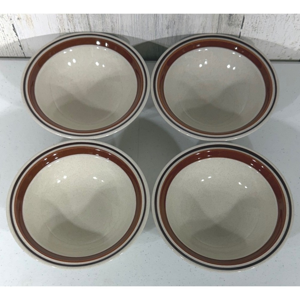 Contemporary Chateau Cereal Bowls 6.5" Beige Brown Banded Stoneware Set of 4